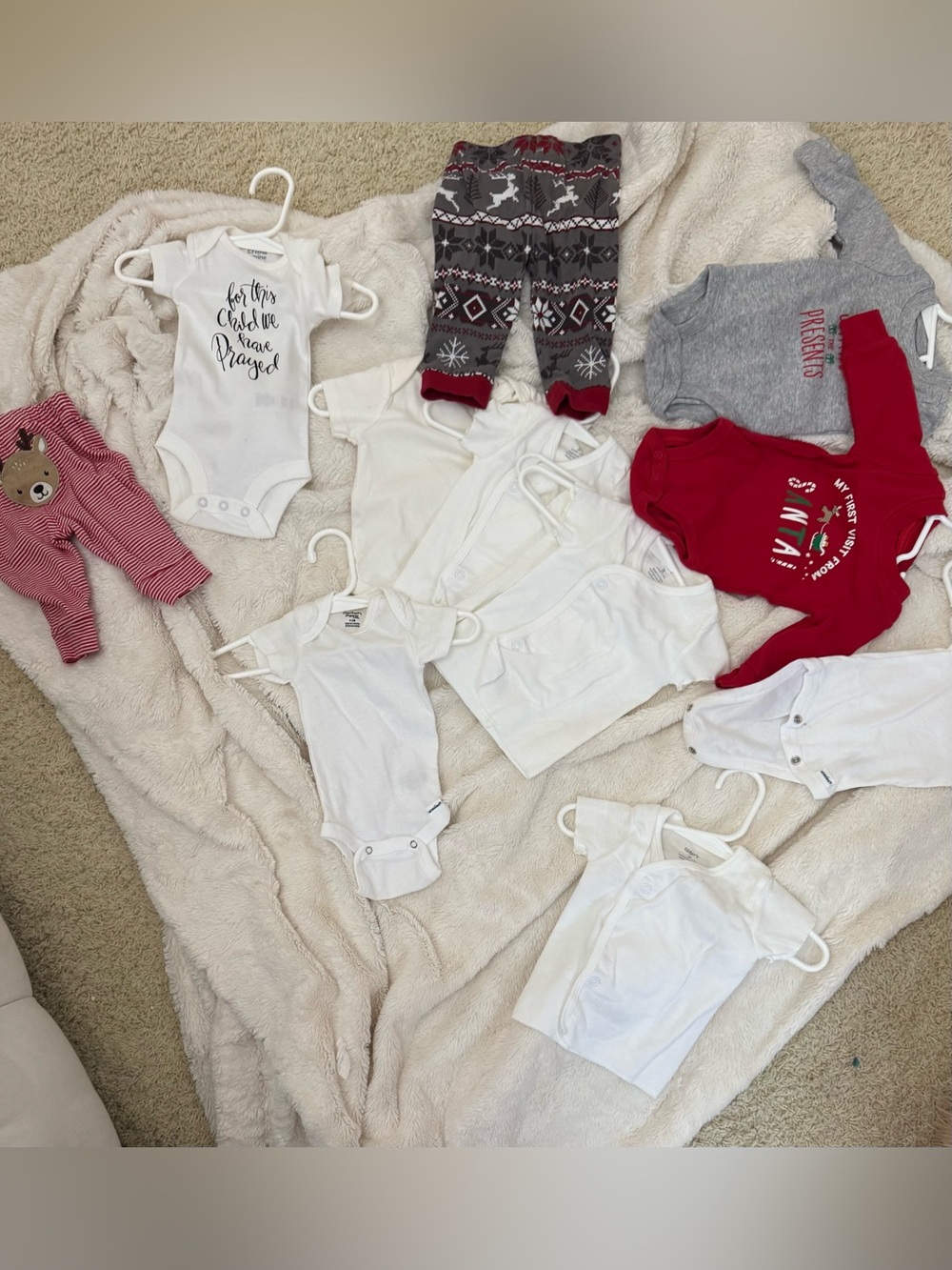 Kids lot of 0-3 months onsies, kimonos basic white and Christmas prints